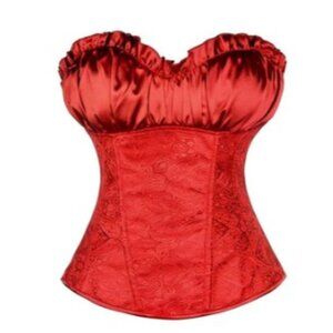 Red satin ruffle overbust jacquard corset small-6xL